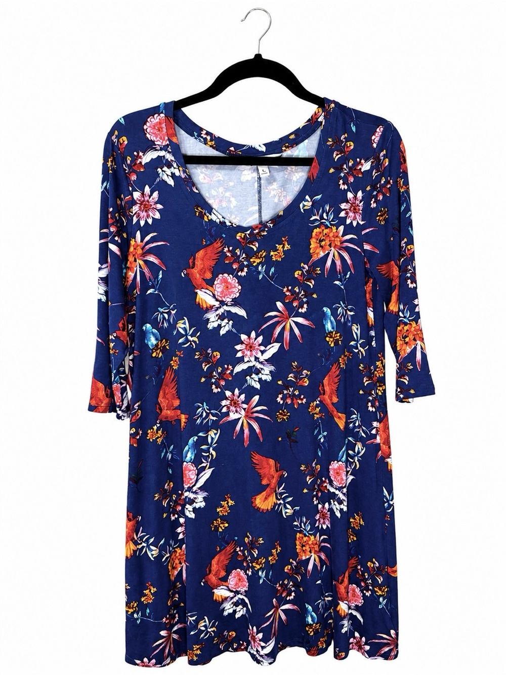 Pioneer Woman Blue Floral Bird Dress M Boho 3/4 Sleeve Stretch Swing Tunic